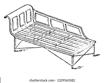 Esta es la representación de una cama de madera común. Tiene una pieza de reposo posterior y un brazo de reposo, dibujo vintage de línea o ilustración de grabado.