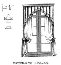 This is the representation showing a curtain and cornice in Gothic style. The cornice may be made up of deal and painted or grained of oak., vintage line drawing or engraving illustration.