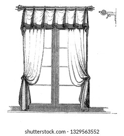 This is the representation showing a curtain line, with the curtains on and placed horizontally. It has a pulley attached, vintage line drawing or engraving illustration.