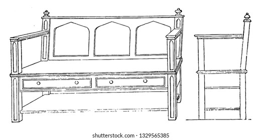 This is the representation showing a design of a bench made in Gothic style with a back may be either paneled or open, vintage line drawing or engraving illustration.