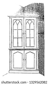 This is the representation showing a design somewhat more elaborate, the pilasters having sunk panels and the sash heads and the cornice having more work on them, vintage line drawing illustration.