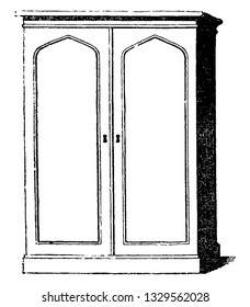 This is the representation showing a design for a wardrobe in Gothic style and also differently arranged in the interior, vintage line drawing or engraving illustration.