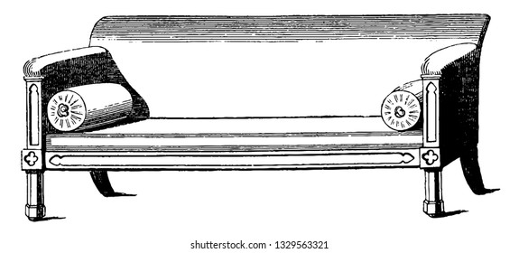 This is the representation showing a designed sofa in Gothic style with castor sunk in its legs, vintage line drawing or engraving illustration.