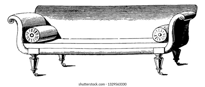 This is the representation showing a designed sofa in Gothic style with castor sunk in its legs, vintage line drawing or engraving illustration.