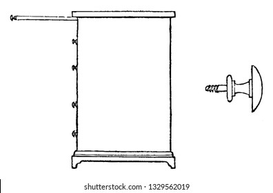 This is the representation showing the drawer and the knob, which helps in pulling out the drawer box, vintage line drawing or engraving illustration.