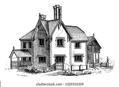 Esta es la representación que muestra la vivienda del diseño L. Los postes de entrada y los porches de secado son de roble, llenos de madera de noggin de ladrillo plano, dibujo vintage de línea o ilustración de grabado.