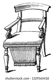 This is the representation showing elbow parlor chair in Grecian style with stuffed seats. It has a workbag under the seat. It is made up of breech, vintage line drawing or engraving illustration.