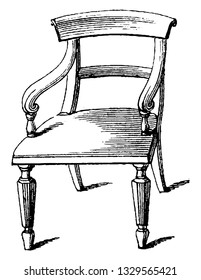 Esta es la representación que muestra una silla codo-salón de estilo griego con asientos rellenos y confeccionada con un dibujo de la línea de la invención, un dibujo de la línea vintage o una ilustración de grabado.