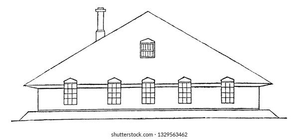 Esta es la representación que muestra la elevación de la entrada de la vivienda de la fachada del sudeste, el dibujo de la línea vintage o la ilustración de grabado.