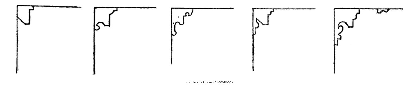 This is the representation showing the employment of different styles of the cornices mostly the lines vintage line drawing or engraving illustration.