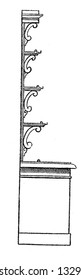 This is the representation showing a end view of the dresser, on some what a larger scale in which the ends of the beads. The hooks, brackets etc. is shown, vintage line drawing illustration.