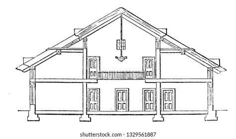 This is the representation showing the entrance of the two servants room from the landing of the stair case, entrance to the other room is from the gallery, vintage line drawing illustration.