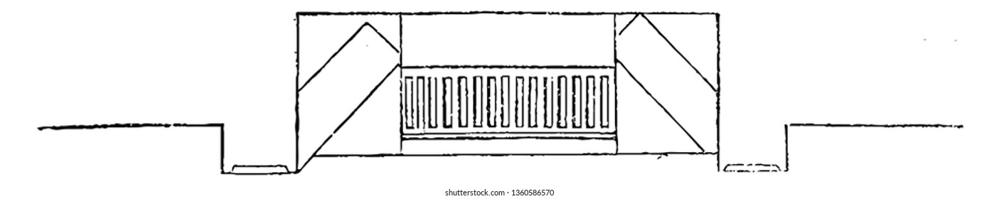 This is the representation showing the fire place the Welsh lumps forming the sides and the back is shown vintage line drawing or engraving illustration.