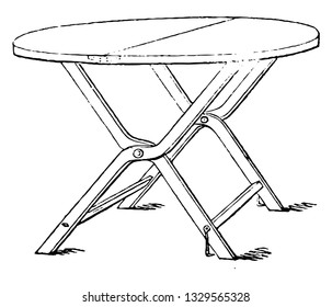 This is the representation showing a folding round table. It is valuable as it takes little space, vintage line drawing or engraving illustration.