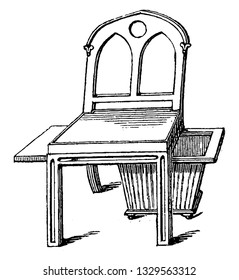 Dies ist die Darstellung des gotischen Ellenbogenstuhls mit einem Arbeitbeutel und einem Schiebetrieb für den Tisch, Vintage-Linie-Zeichnung oder Gravur-Illustration.