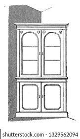 This is the representation showing a Grecian corner cupboard in a more elevated style of the design. The panels below and round heads of the sashes give it air, vintage line drawing illustration.