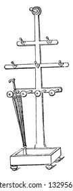 This is the representation showing a hat and umbrella stand. It is a suitable piece of furniture for a Gothic porch or passage where the walls are covered with pictures, vintage illustration.