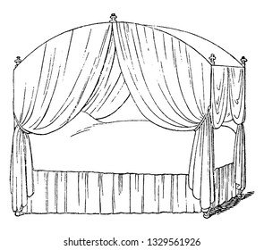 This is the representation showing an iron tent bedstead. It has curtains on, vintage line drawing or engraving illustration.