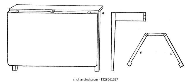 This is the representation showing the ironing board or a flap table which in a cottage may serve many useful purposes. It may be useful in kitchen, lobbies etc, vintage line drawing illustration.
