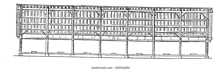 This is the representation showing the longitudinal section, showing the framing of roof, vintage line drawing or engraving illustration.