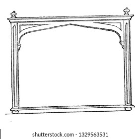 This is the representation showing a looking glass for cottages. It is a design for a chimney glass in Gothic style, vintage line drawing or engraving illustration.