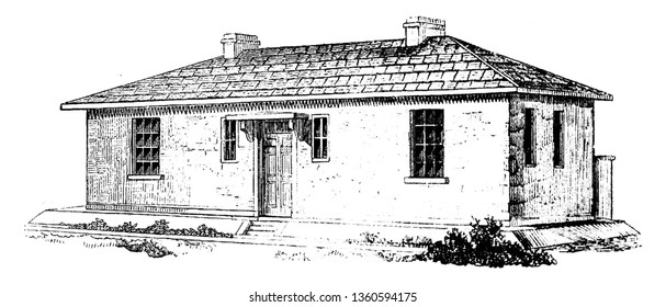 This representation showing the model design V which is a one story building. A dwelling for a man his wife and two children with a cow house and pigsty vintage line drawing or engraving illustration.