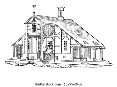 This is the representation showing a perspective view of the improved French farm house, varying the forms of chimneys, vintage line drawing or engraving illustration.