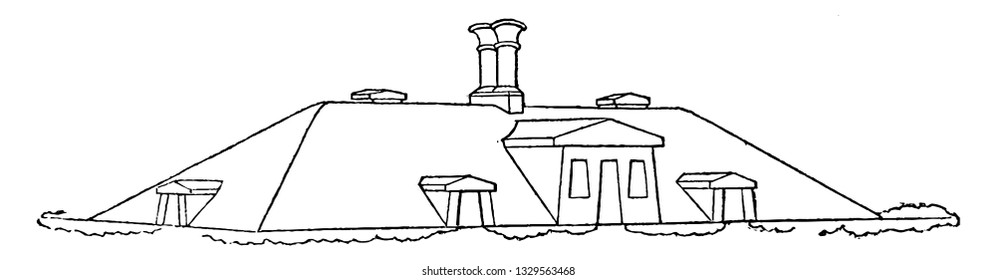 This is the representation showing the perspective view of the one side. It is an architectural part something of Egyptian character, vintage line drawing or engraving illustration.