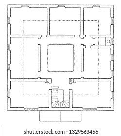 This is the representation showing the plan of the bed room or garret floor, in which the room for servants, the single men and members of the family, vintage line drawing or engraving illustration.