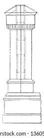 This is the representation showing a plan of chimney shaft. The base capital capping shaft is marked vintage line drawing or engraving illustration.