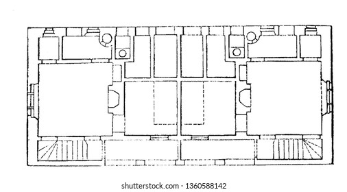 This is the representation showing the projecting railing is also wanting his balcony and windows in the elevation should come down. The chimney stacks are too low vintage line drawing or engraving