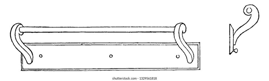 Esta es la representación que muestra el riel para toallas, a una escala de un centímetro o pie, es un aparato adecuado para las habitaciones de la cama o la cocina, el dibujo vintage de la línea o la ilustración de grabado.