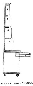 This is the representation showing a section of a dresser in Gothic style. The drawer, stack is shown, vintage line drawing or engraving illustration.