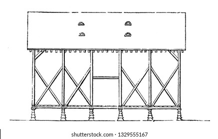 This is the representation showing the side view in which may have seen threshing floor, end of the door over it and in the roof four small opening for the escape of wind.