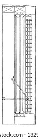 This is the representation showing a single lath or luffer board, in the ends are which seen the two small iron pivots or studs which work into the holes, vintage line drawing engraving illustration.