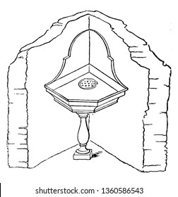 This is the representation showing the sinks washing troughs slabs. It is a corner sink which would make a very good fixed hand basin vintage line drawing or engraving illustration.
