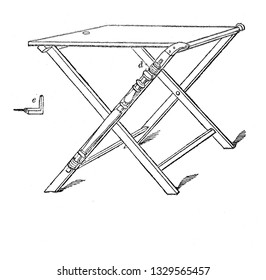This is the representation showing a small wash hand stand, or a table in Gothic style with a shelf below and a drawer in it, vintage line drawing or engraving illustration.