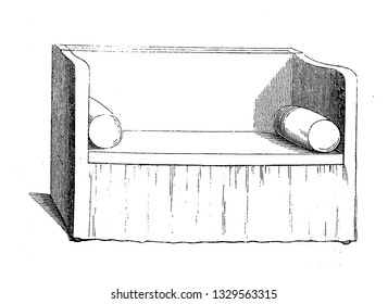 This is the representation showing a sofa with two cushion at its sides and a wooden back and arm support for the cottage, vintage line drawing or engraving illustration.