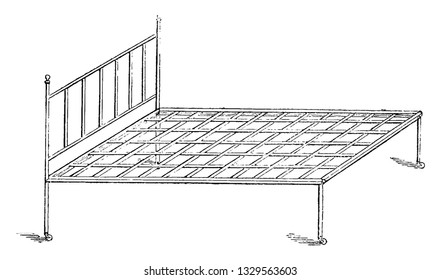 This is the representation showing a stump bedsteads which are common in the dwellings in England and sold complete with castors, vintage line drawing or engraving illustration.
