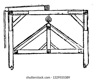This is the representation showing the suspension of a light roof, formed of deal and covered with matting of drawn wheat straw, placed quite thin, vintage line drawing or engraving illustration.