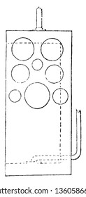 This is the representation showing the top of the water bath with holes at one end for inserting saucepans etc. with a hot plate at the other. vintage line drawing or engraving illustration.