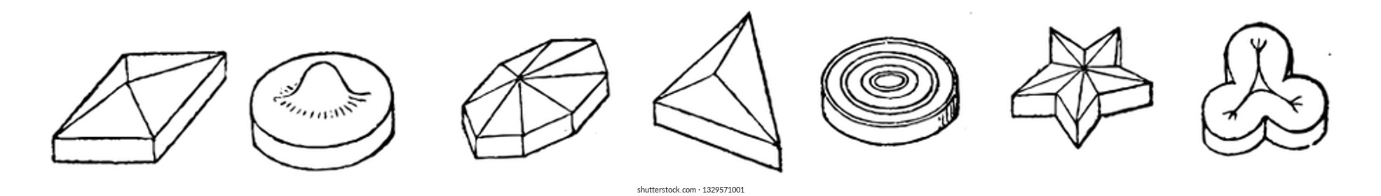This is the representation showing the various shapes of the heads of the nails. Which may be round, triangular, square etc, vintage line drawing or engraving illustration.