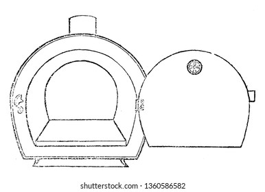 This is the representation showing the view of the oven with the door open and with a false bottom of fire stone raised half a inch from the iron bottom vintage line drawing or engraving illustration.