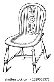 Esta es la representación que muestra una silla Windsor, una de las mejores sillas de cocina usadas en los países del medio de Inglaterra, dibujo vintage de líneas o ilustración de grabado.