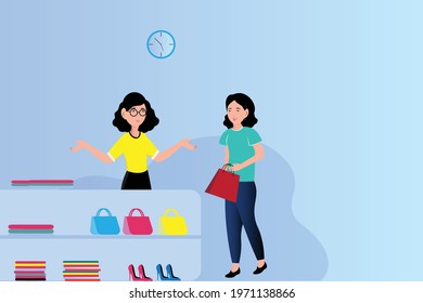 This is the representation of a store keeper girl who is selling bags to her customer. This representation will be suitable for store related designs
