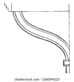 Das ist eine Darstellung der Unterstützung. Der Balkon wird durch die Fortsetzung der Fußböden unterstützt, unter denen die Klammern der Vintage-Linie Zeichnung oder Gravur.
