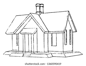This is a representation of a thatched dwelling. It has lower walls and thus higher surface area of the roof. It has two chimneys also vintage line drawing or engraving illustration.