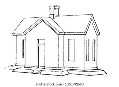 This is a representation of a thatched dwelling. It has truncable ends as seen over the entrance door and at the end of the cottage vintage line drawing or engraving illustration.