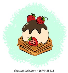 This is a retro image of ice cream in a comic style. This is a ball of vanilla ice cream, drenched in chocolate, on waffles with strawberries.