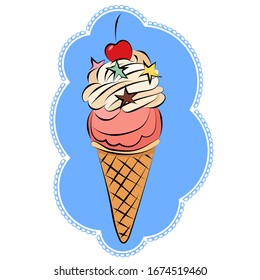 This is a retro image of ice cream in a comic style. This is a waffle cone with a cherry ball of ice cream with whipped cream and a cherry on top.